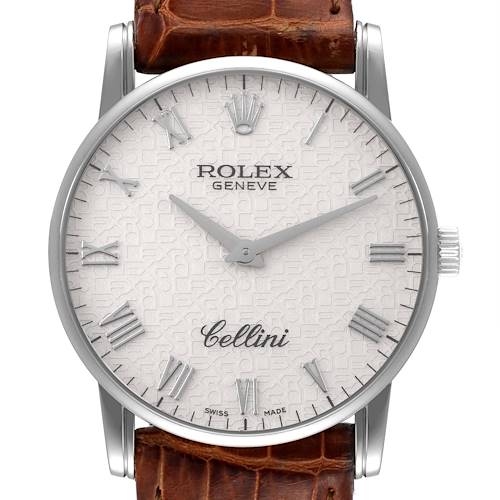 A front view of the Rolex Cellini 5116 Men's White Gold Beige Dial 5116 Men's White Gold Beige Dial watch showcasing its dial, hands, crown, and brown leather strap.