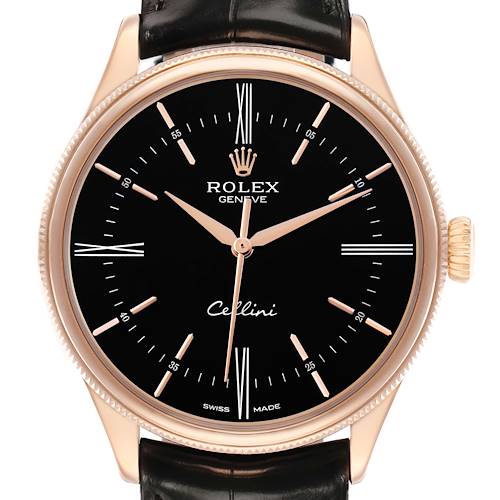 The Rolex Cellini 50505 Men's Rose Gold Black Dial watch is shown from the front, displaying its black dial, rose gold case, and leather strap.