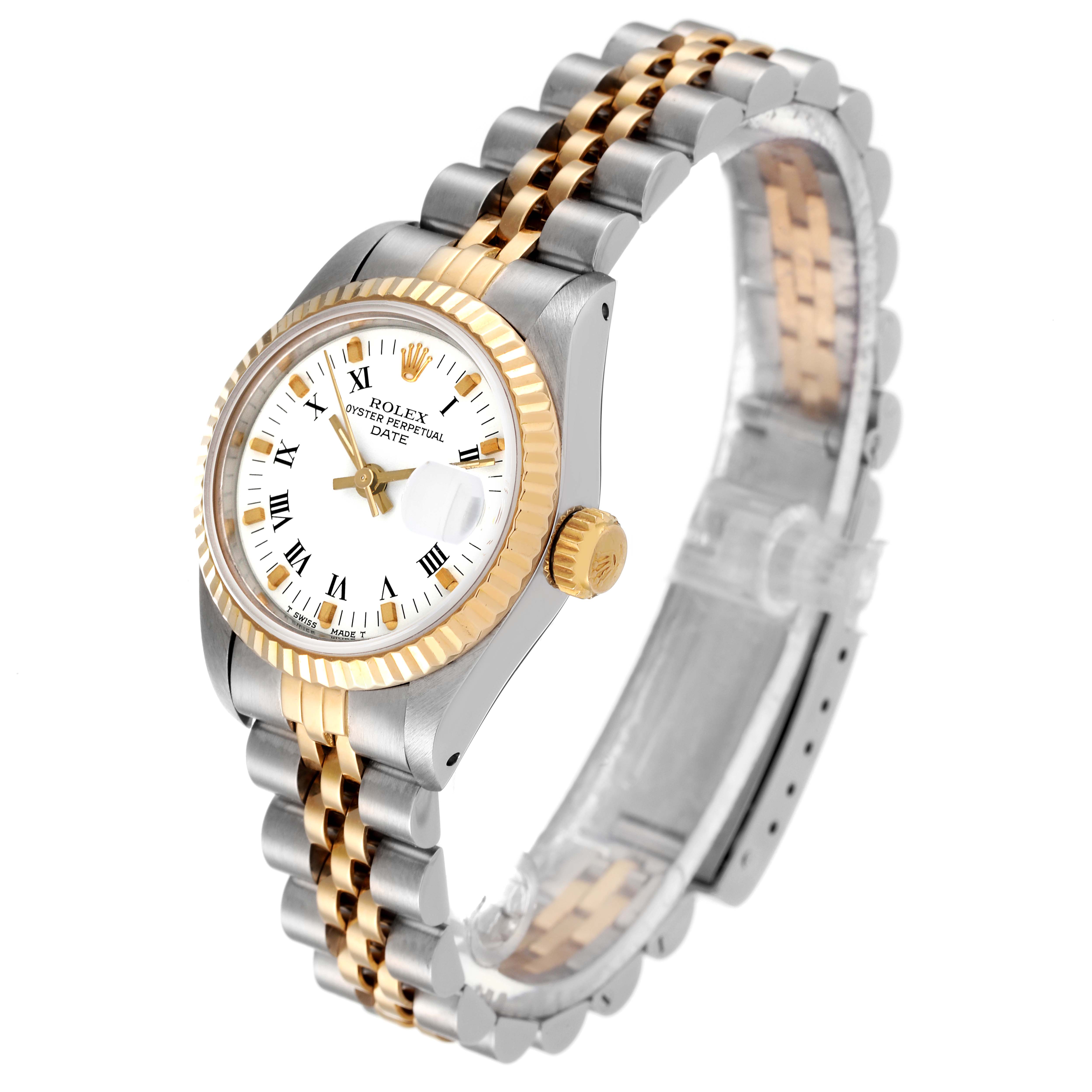 The Rolex Date 69173 Women's Steel and Gold (two tone) White Dial 69173 Women's Steel and Gold (two tone) White Dial model watch is shown at a slight angle, displaying its gold and silver bezel, crown, and bracelet.
