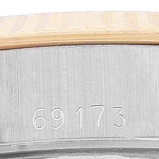 The image shows a close-up of the model number "69173" on the side of a Date model by Rolex.