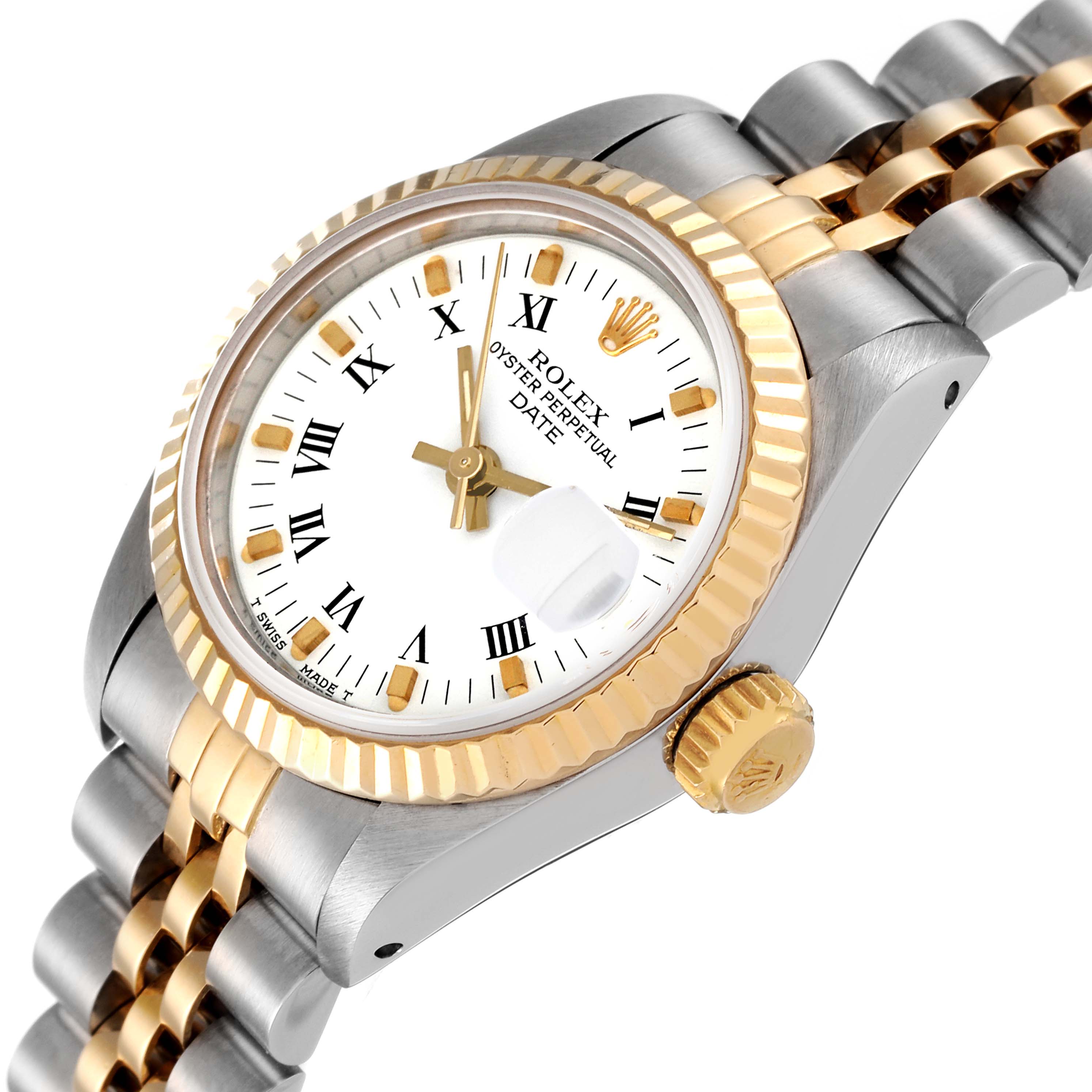 This image shows a Rolex Date 69173 Women's Steel and Gold (two tone) White Dial 69173 Women's Steel and Gold (two tone) White Dial model watch from an angled perspective, displaying the crown, bezel, dial, bracelet, and date magnifier.
