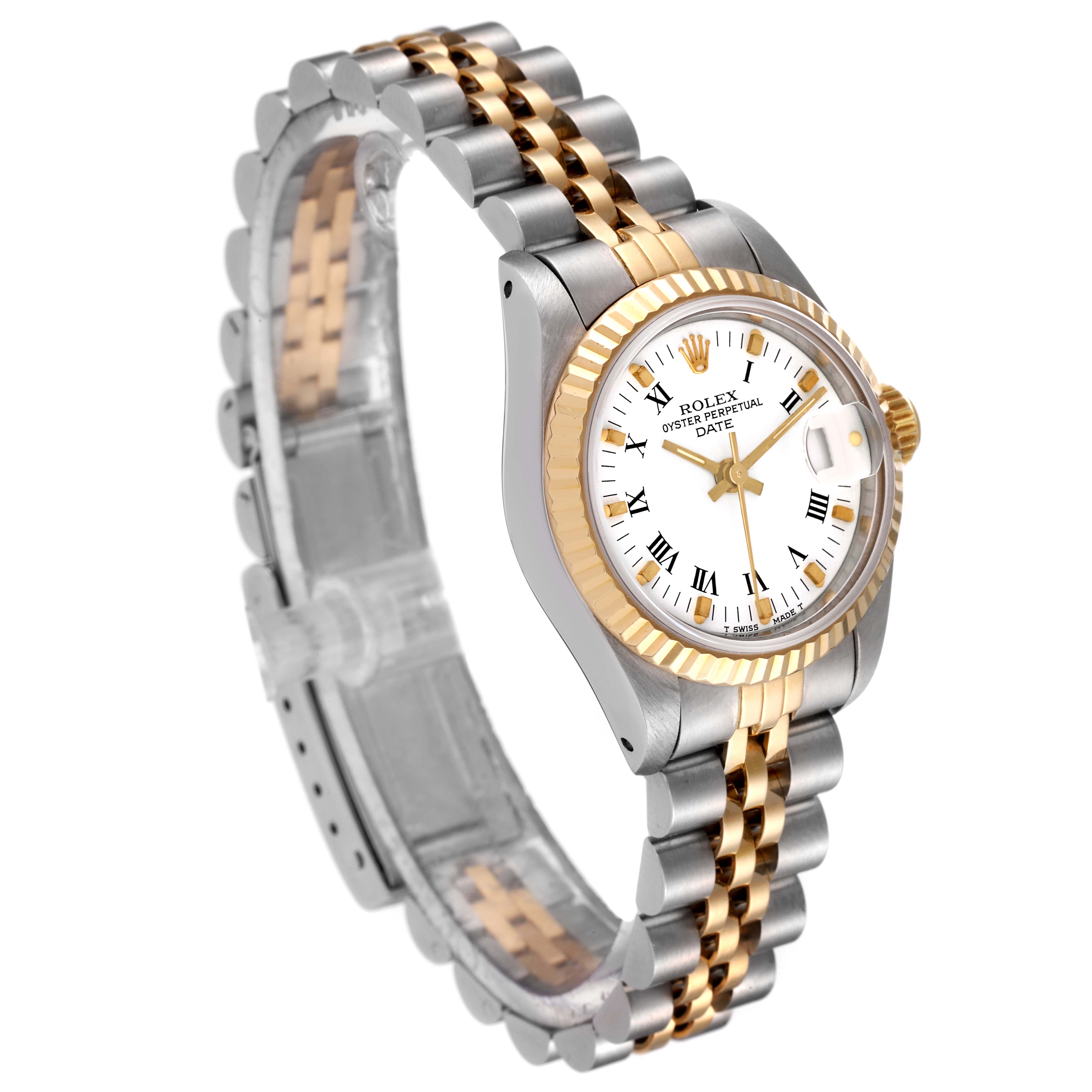 This image shows a Rolex Date 69173 Women's Steel and Gold (two tone) White Dial 69173 Women's Steel and Gold (two tone) White Dial model watch at an angle highlighting the dial, bezel, crown, and jubilee bracelet.