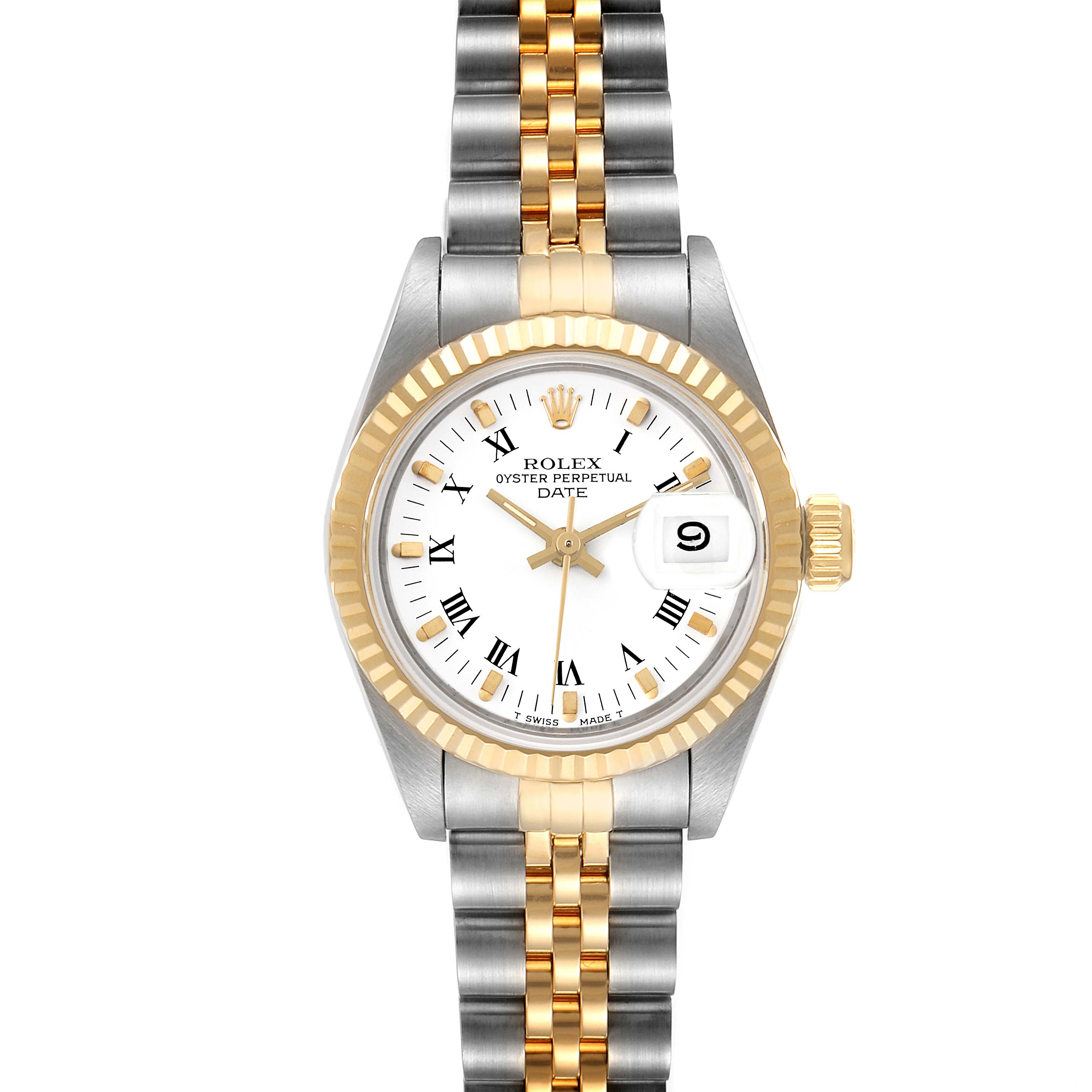This image shows a front view of a Rolex Date 69173 Women's Steel and Gold (two tone) White Dial 69173 Women's Steel and Gold (two tone) White Dial model watch, displaying the face, bezel, crown, and two-tone bracelet.