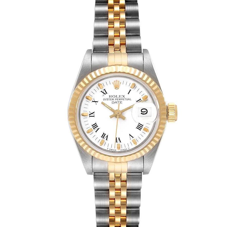 This image shows a front view of a Rolex Date 69173 Women's Steel and Gold (two tone) White Dial 69173 Women's Steel and Gold (two tone) White Dial model watch, displaying the face, bezel, crown, and two-tone bracelet.