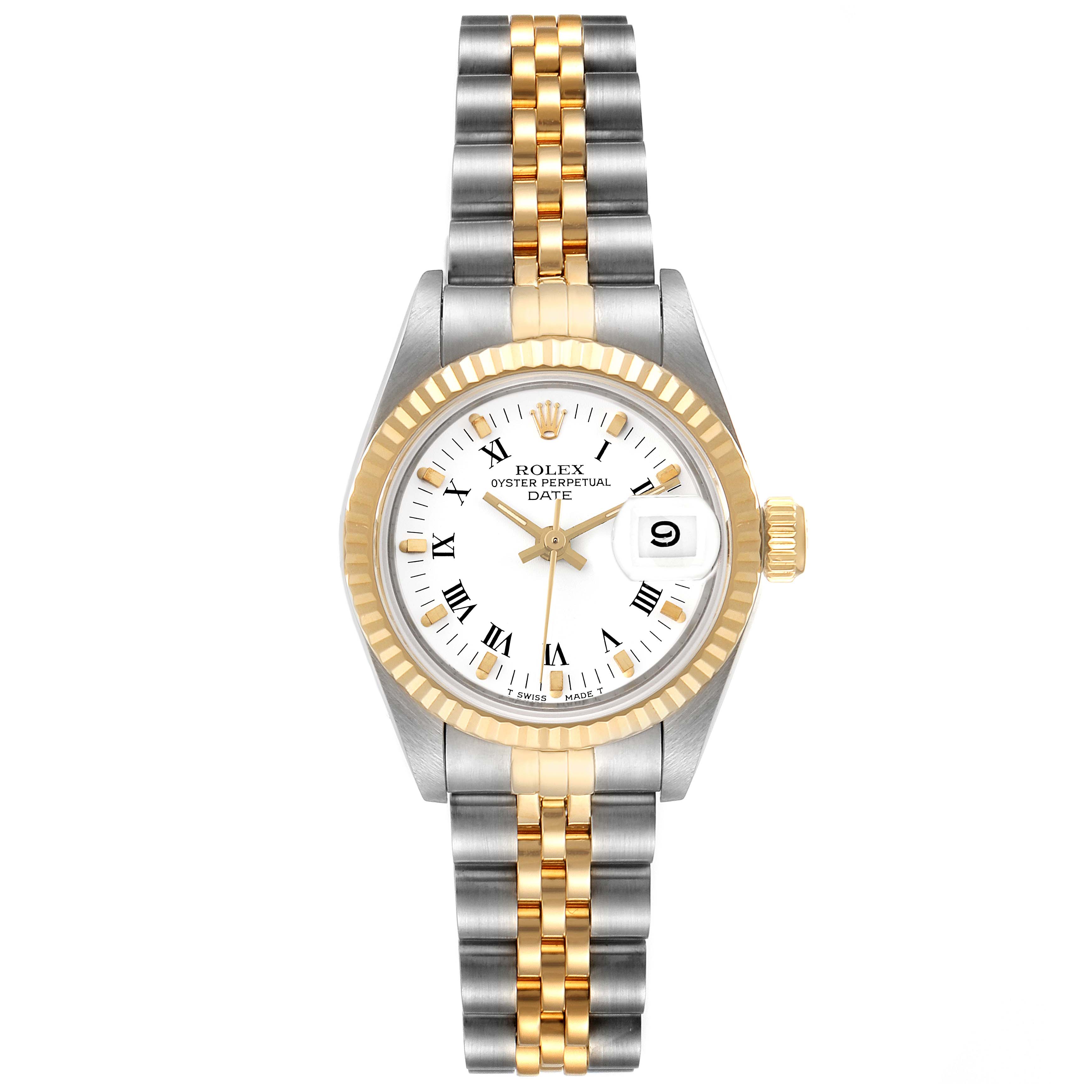 The image shows a Rolex Date 69173 Women's Steel and Gold (two tone) White Dial 69173 Women's Steel and Gold (two tone) White Dial model watch from a top-down angle, highlighting its two-tone bracelet and white face with gold accents.