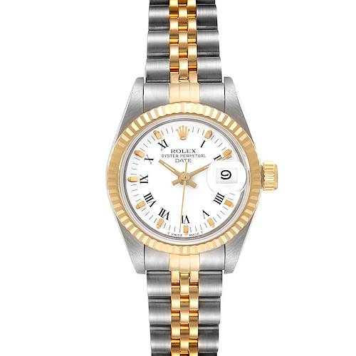 This image shows a front view of the Rolex Date 69173 Women's Steel and Gold (two tone) White Dial 69173 Women's Steel and Gold (two tone) White Dial model, highlighting the dial, bezel, and two-tone bracelet.
