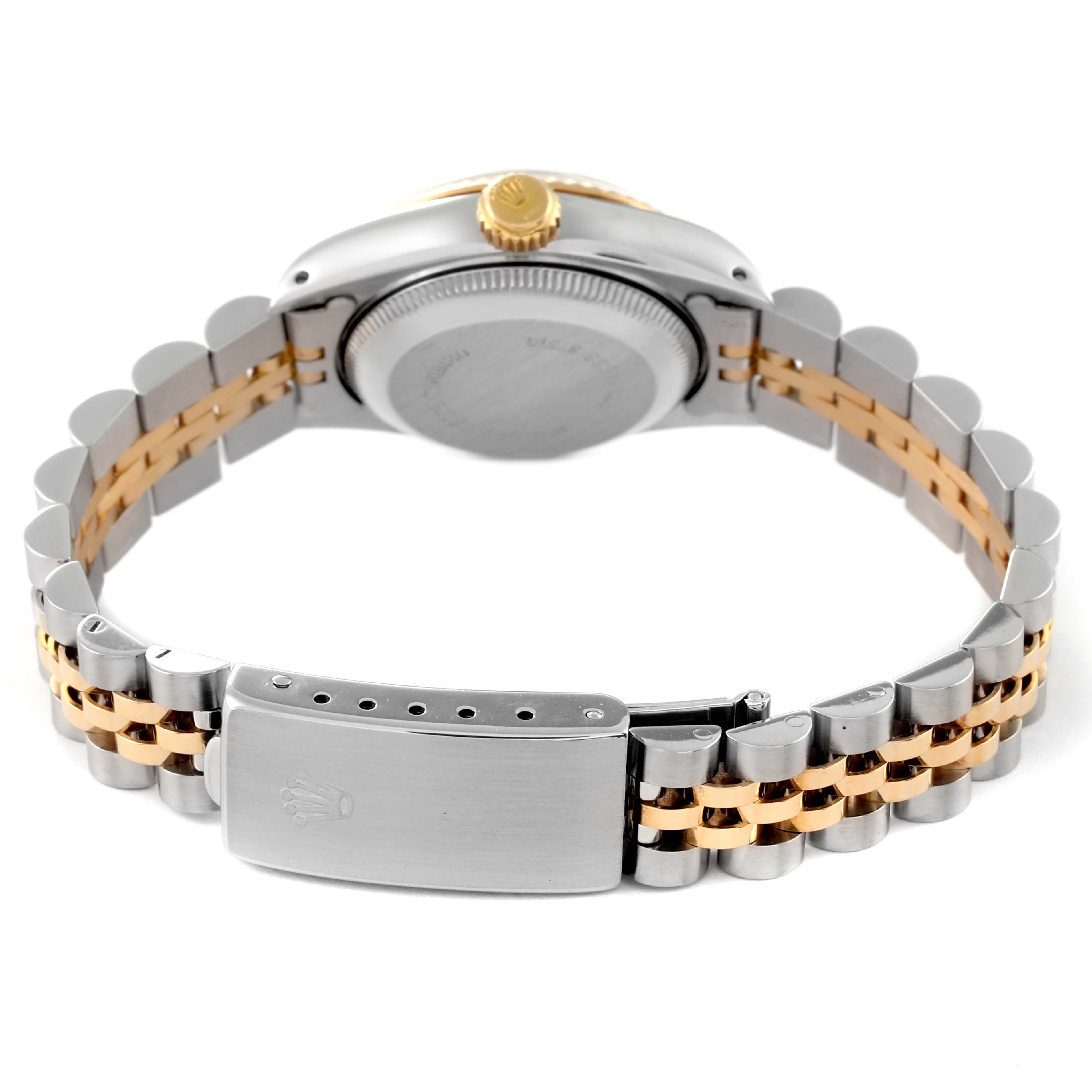 This image shows a Rolex Date 69173 Women's Steel and Gold (two tone) White Dial 69173 Women's Steel and Gold (two tone) White Dial watch from the back, highlighting its two-tone bracelet, clasp, caseback, and crown.