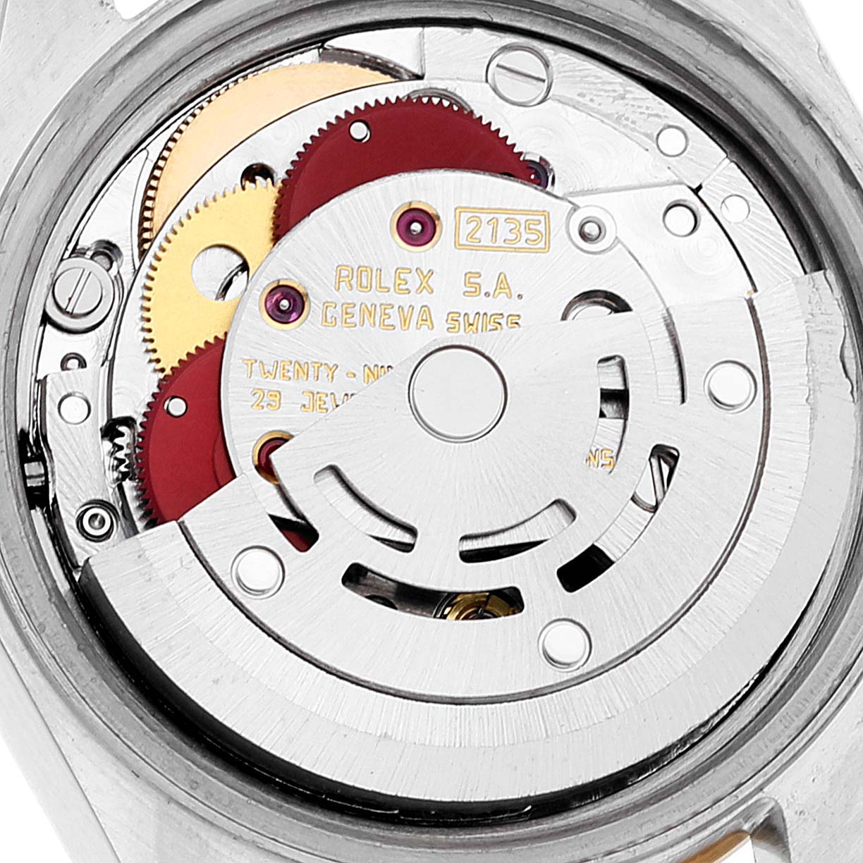 This image shows the internal mechanism of a Rolex Date 69173 Women's Steel and Gold (two tone) White Dial 69173 Women's Steel and Gold (two tone) White Dial model watch, highlighting the gears and rotor.