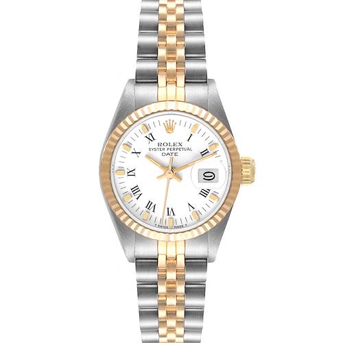 The image shows a front view of the Rolex Date 69173 Women's Steel and Gold (two tone) White Dial 69173 Women's Steel and Gold (two tone) White Dial model watch, highlighting its dial, bezel, case, and bracelet.