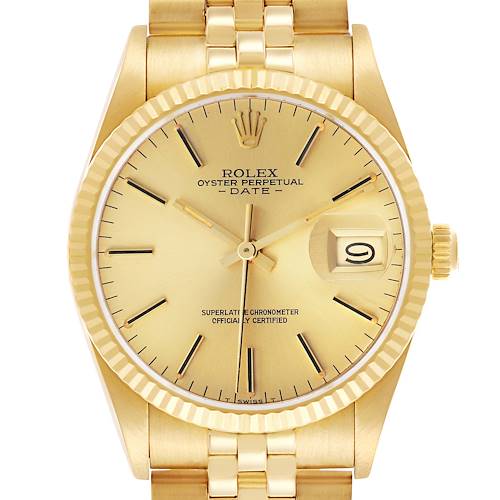 The Rolex Date 15037 Men's Yellow Gold Champagne Dial model is shown in a frontal view, highlighting its gold dial, fluted bezel, and jubilee bracelet.