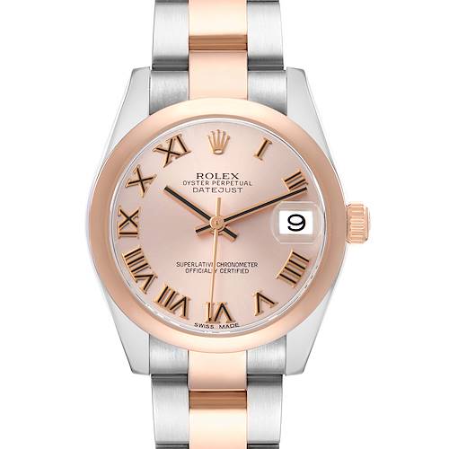 The Rolex Mid-Size 178241 Women's Steel and Gold (two tone) Pink Dial watch is shown from a front angle highlighting its face, bezel, and bracelet.