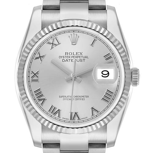 The image shows a Rolex Datejust 116234 Men's Stainless Steel Silver Dial watch from a front angle, highlighting the dial with Roman numerals, fluted bezel, and date window.