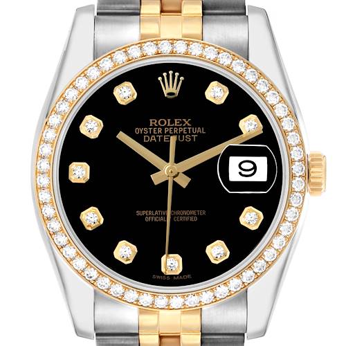 The Rolex Datejust 116243 Men's Steel and Gold (two tone) Black Dial watch is shown from a front angle, featuring the black dial, diamond bezel, gold and silver bracelet, and date window.