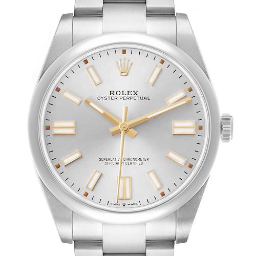 The Rolex Oyster Perpetual 124300 Men's Stainless Steel Silver Dial watch is shown from the front, displaying the dial, hands, markers, crown, and part of the bracelet.