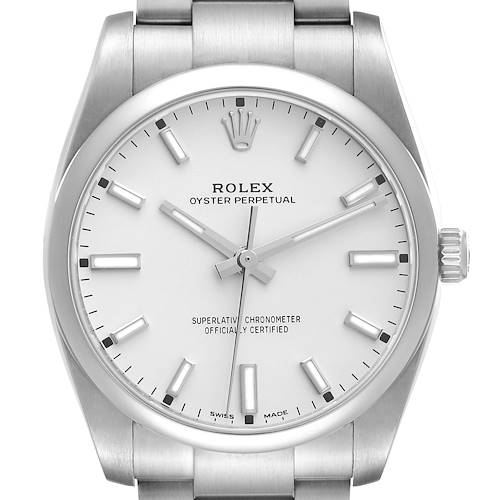 This image shows a front view of the Rolex Oyster Perpetual 114200 Men's Stainless Steel White Dial 114200 Men's Stainless Steel White Dial watch, highlighting its dial, hands, bracelet, and crown.