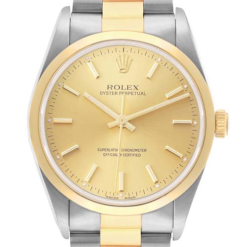 The Rolex Oyster Perpetual 14203 Men's Steel and Gold (two tone) Champagne Dial watch is shown from the front, displaying the dial, hands, bezel, crown, and part of the bracelet.