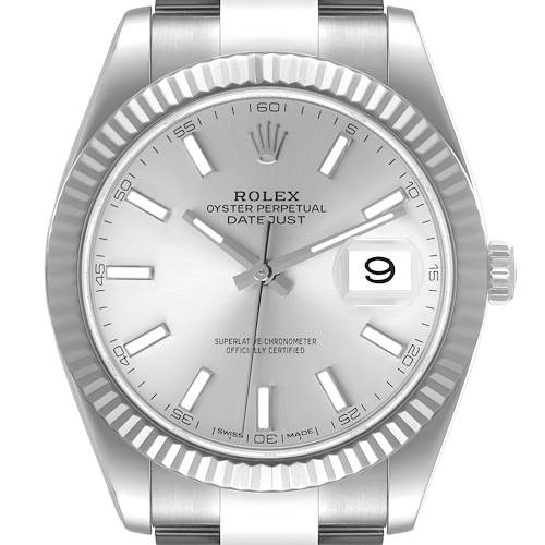 This image shows a front view of the Rolex Datejust 41 126334 Men's Stainless Steel Silver Dial 126334 Men's Stainless Steel Silver Dial watch, highlighting its bezel, dial, hour markers, and date function.