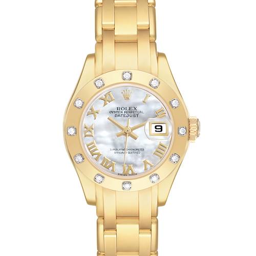 The Rolex Pearlmaster 80318 Women's Yellow Gold Mother of Pearl Dial 80318 Women's Yellow Gold Mother of Pearl Dial watch is shown from the front, displaying the face, bezel, and part of the bracelet.