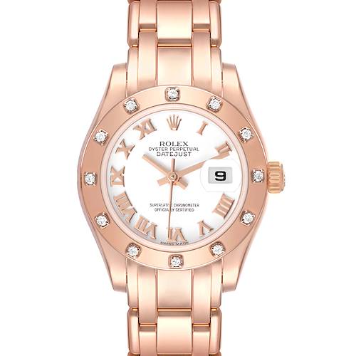 This image shows a front view of the Rolex Pearlmaster 80315 Women's Rose Gold White Dial 80315 Women's Rose Gold White Dial watch, displaying its dial, bracelet, and crown.