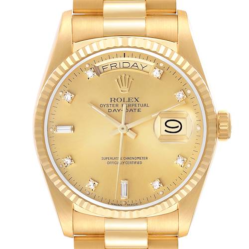 The image shows a Rolex President 18038 Men's Yellow Gold Champagne Dial model watch from the front, highlighting its dial, day-date window, bezel, and bracelet.
