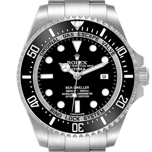 The Rolex Sea-Dweller 116660 Men's Stainless Steel Black Dial watch is shown from the front, featuring its bezel, dial, hands, and date window.