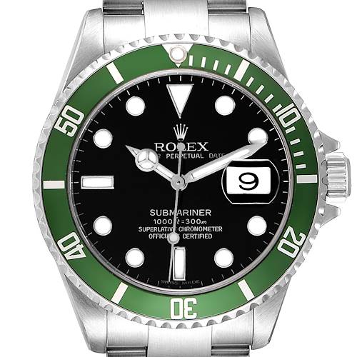 This image shows a front view of the Rolex Submariner 16610LV Men's Stainless Steel Black Dial 16610LV Men's Stainless Steel Black Dial, highlighting its dial, bezel, hands, date display, and part of the bracelet.