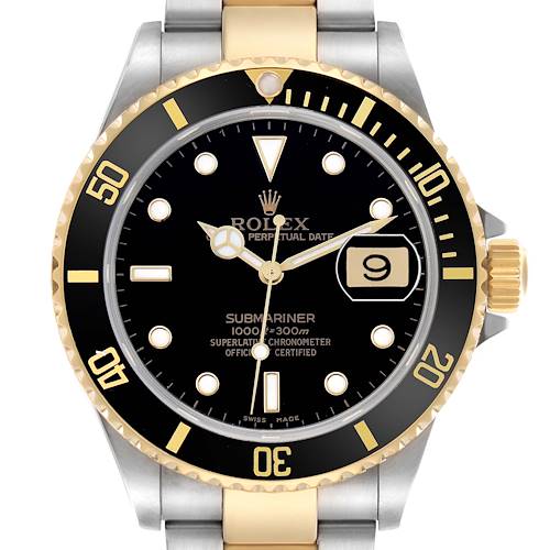 The image shows a frontal view of a Rolex Submariner 16613 Men's Steel and Gold (two tone) Black Dial watch, highlighting the bezel, dial, hands, and date magnifier.