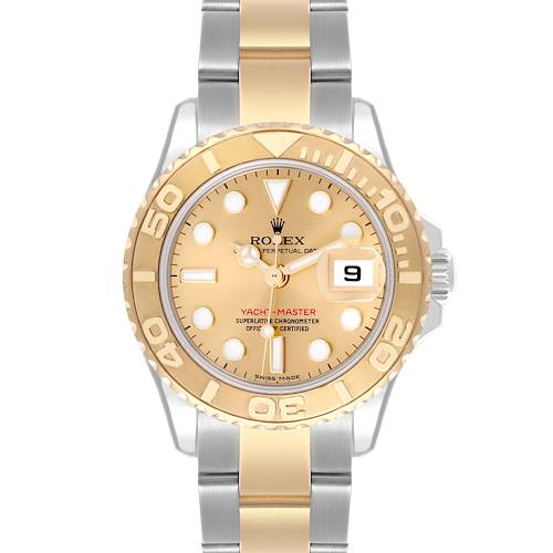 The Rolex Yacht-Master 169623 Women's Steel and Gold (two tone) Champagne Dial 169623 Women's Steel and Gold (two tone) Champagne Dial watch is shown from the front, displaying the dial, bezel, and bracelet.