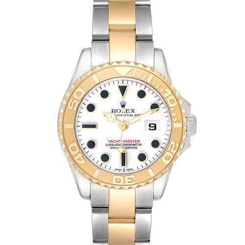 The Rolex Yacht-Master 169623 Women's Steel and Gold (two tone) White Dial watch is shown from a top-down view, highlighting the bezel, dial, hands, and bracelet.