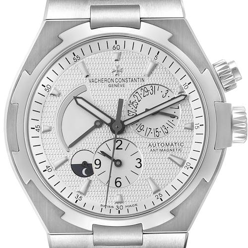 The image shows a close-up of the dial and bezel of the Vacheron Constantin Overseas 47450/B01A-9226 Men's Stainless Steel Silver Dial 47450/B01A-9226 Men's Stainless Steel Silver Dial watch, displaying its face and subdials.