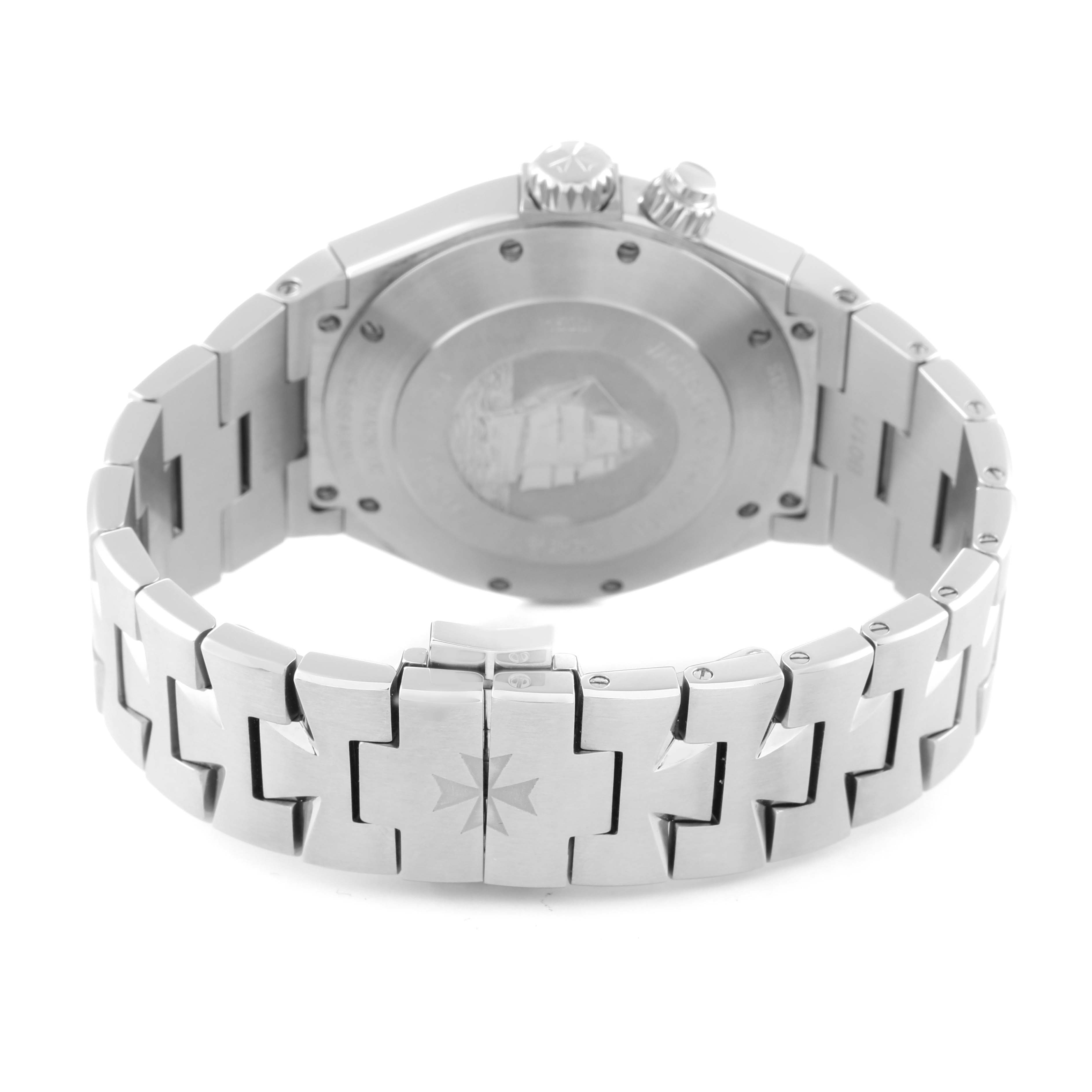 The image shows the back and bracelet of the Vacheron Constantin Overseas 47450/B01A-9226 Men's Stainless Steel Silver Dial 47450/B01A-9226 Men's Stainless Steel Silver Dial model watch.