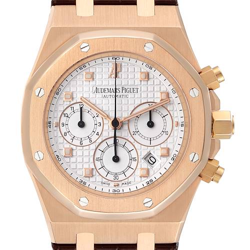 The image shows a frontal view of an Audemars Piguet Royal Oak 26022OR.OO.D088CR.01 Men's Rose Gold Silver Dial 26022OR.OO.D088CR.01 Men's Rose Gold Silver Dial watch, detailing the dial, case, bezel, and crown.