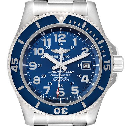 The image shows a frontal close-up view of the Breitling Superocean A17392D8/C910 Men's Stainless Steel Blue Dial A17392D8/C910 Men's Stainless Steel Blue Dial watch, highlighting its dial and bezel.