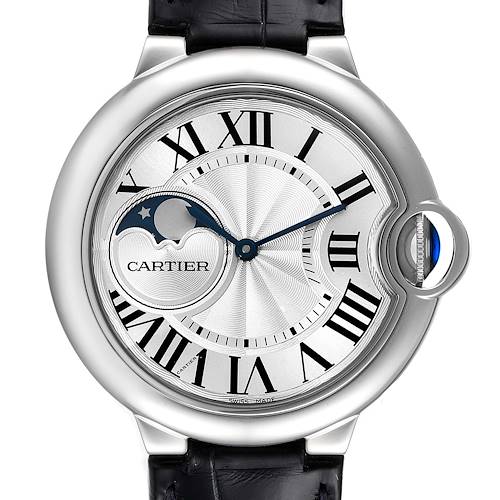 This is a close-up front view of the Cartier Ballon Bleu WSBB0020 Men's Stainless Steel Silver Dial WSBB0020 Men's Stainless Steel Silver Dial watch showing its dial, hands, moon phase indicator, and crown.