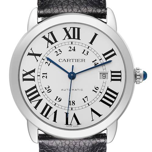 The Cartier Ronde WSRN0022 Men's Stainless Steel Silver Dial WSRN0022 Men's Stainless Steel Silver Dial watch is shown from the front, highlighting the dial, numerals, and date window.