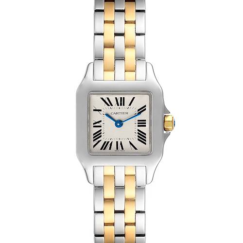 This image shows a Cartier Santos Demoiselle W25066Z6 Women's Steel and Gold (two tone) Silver Dial W25066Z6 Women's Steel and Gold (two tone) Silver Dial watch, viewed from the front, featuring its face and bi-color metal bracelet.