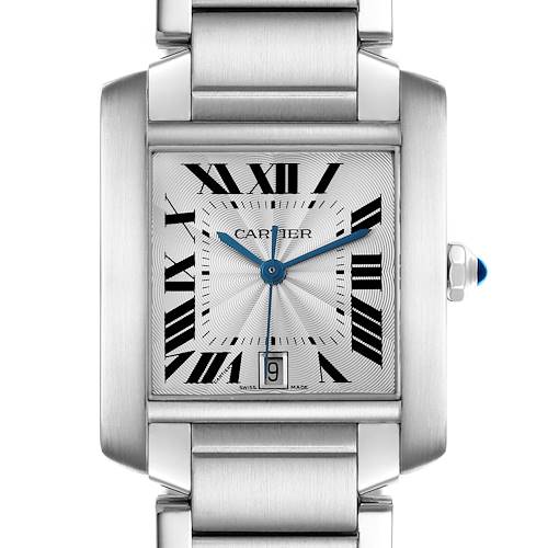 The Cartier Tank Francaise W51002Q3 Men's Stainless Steel Silver Dial W51002Q3 Men's Stainless Steel Silver Dial watch is shown from a top view, highlighting the rectangular face, bracelet, and crown with a blue cabochon.