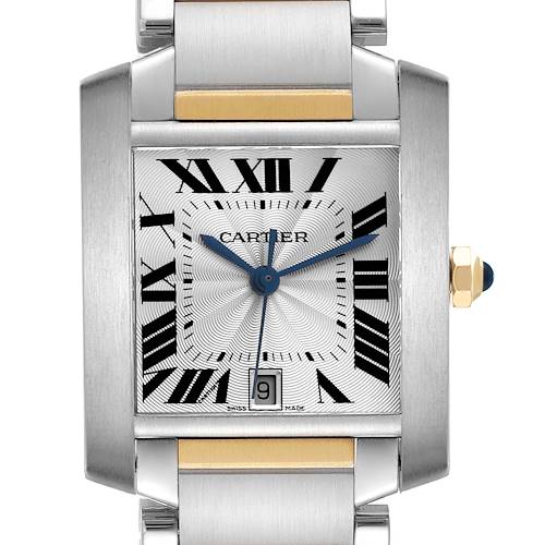 The Cartier Tank Francaise W51005Q4 Men's Steel and Gold (two tone) Silver Dial W51005Q4 Men's Steel and Gold (two tone) Silver Dial watch is shown from the front, highlighting the face, bezel, and part of the bracelet.