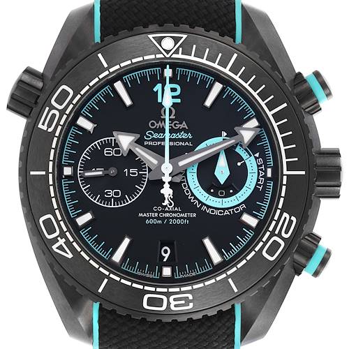 The Omega Planet Ocean 215.92.46.51.01.003 Men's Ceramic Black Dial 215.92.46.51.01.003 Men's Ceramic Black Dial watch is shown from a front angle, displaying its face, bezel, and pushers.