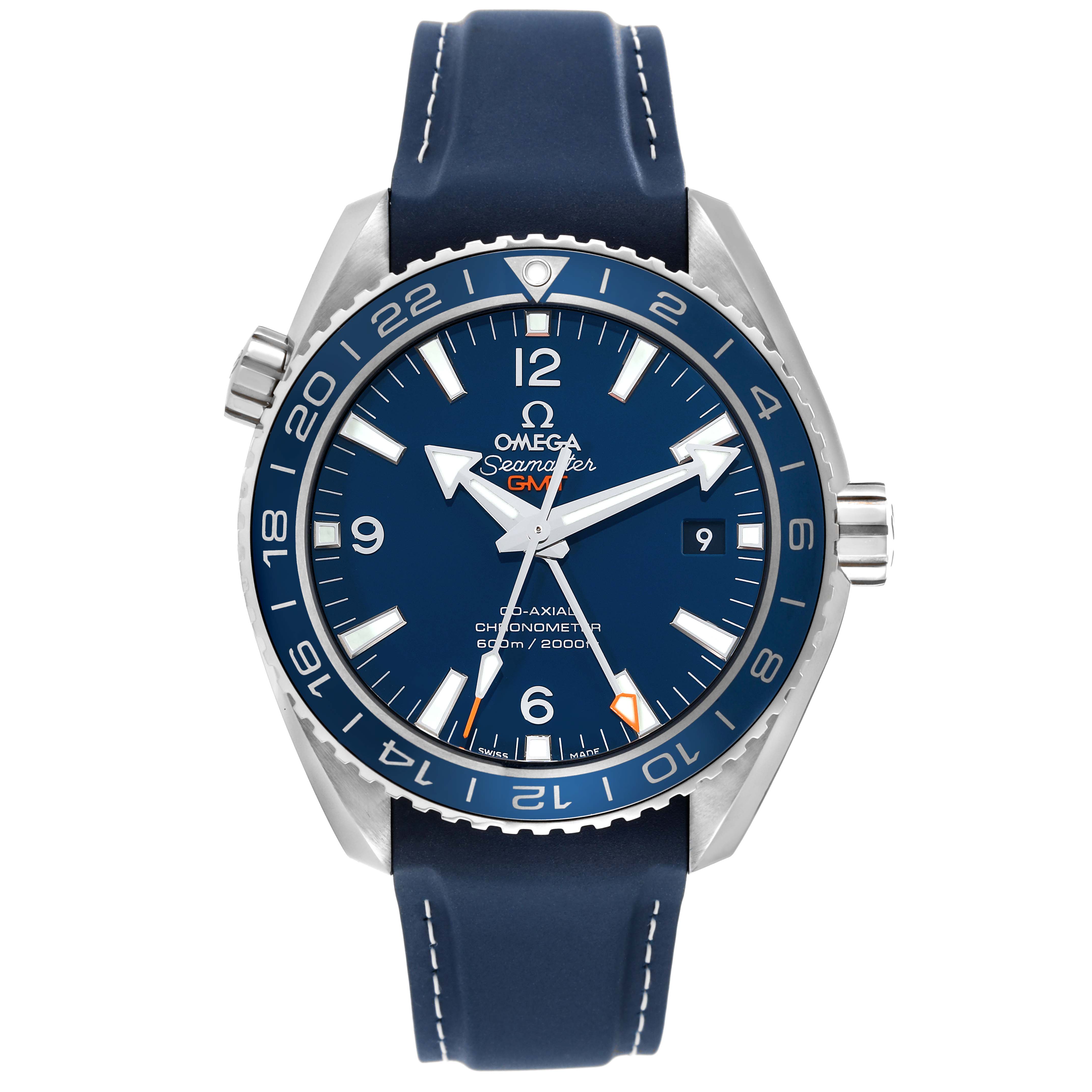 The image shows a front view of the Omega Planet Ocean 232.92.44.22.03.001 Men's Titanium Blue Dial 232.92.44.22.03.001 Men's Titanium Blue Dial watch, displaying its blue dial and leather strap.