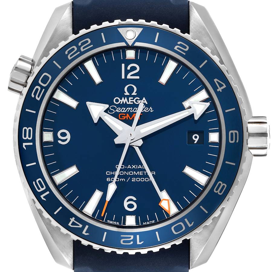 This is a front-facing view of the Omega Seamaster Planet Ocean model, showcasing the dial, bezel, and crown.