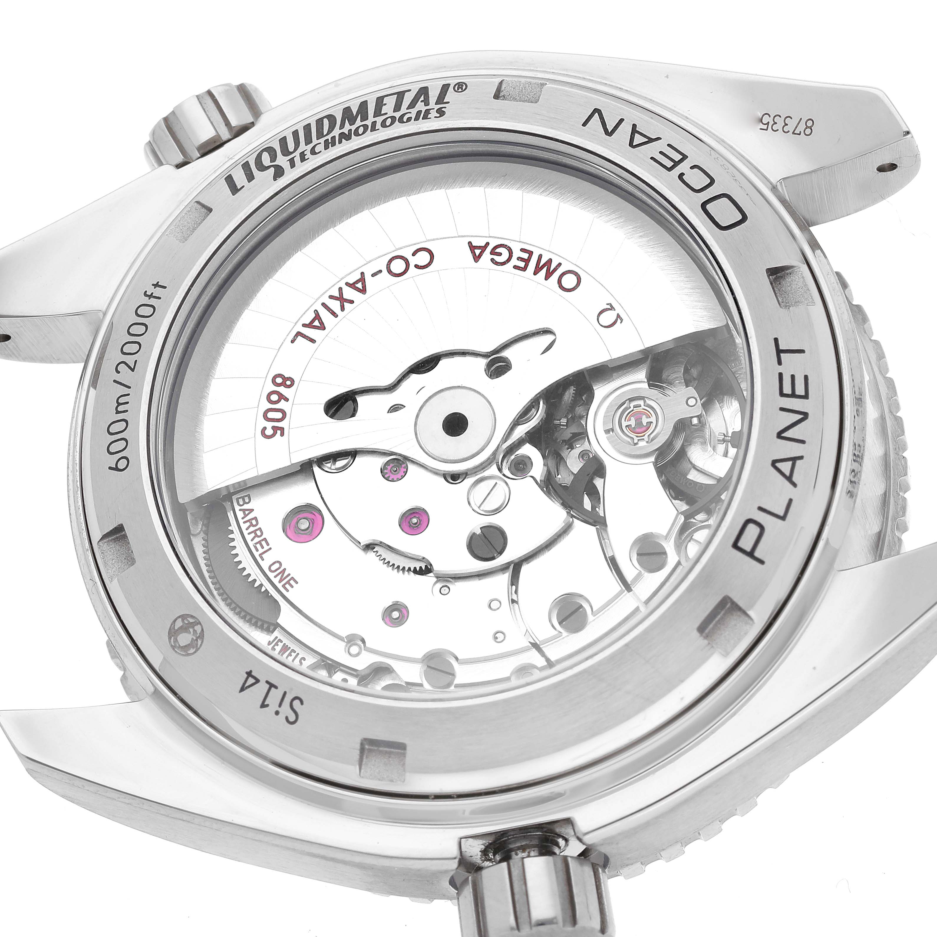 The image shows the Omega Planet Ocean 232.92.44.22.03.001 Men's Titanium Blue Dial 232.92.44.22.03.001 Men's Titanium Blue Dial watch from a back angle, highlighting its transparent case back and internal mechanism.