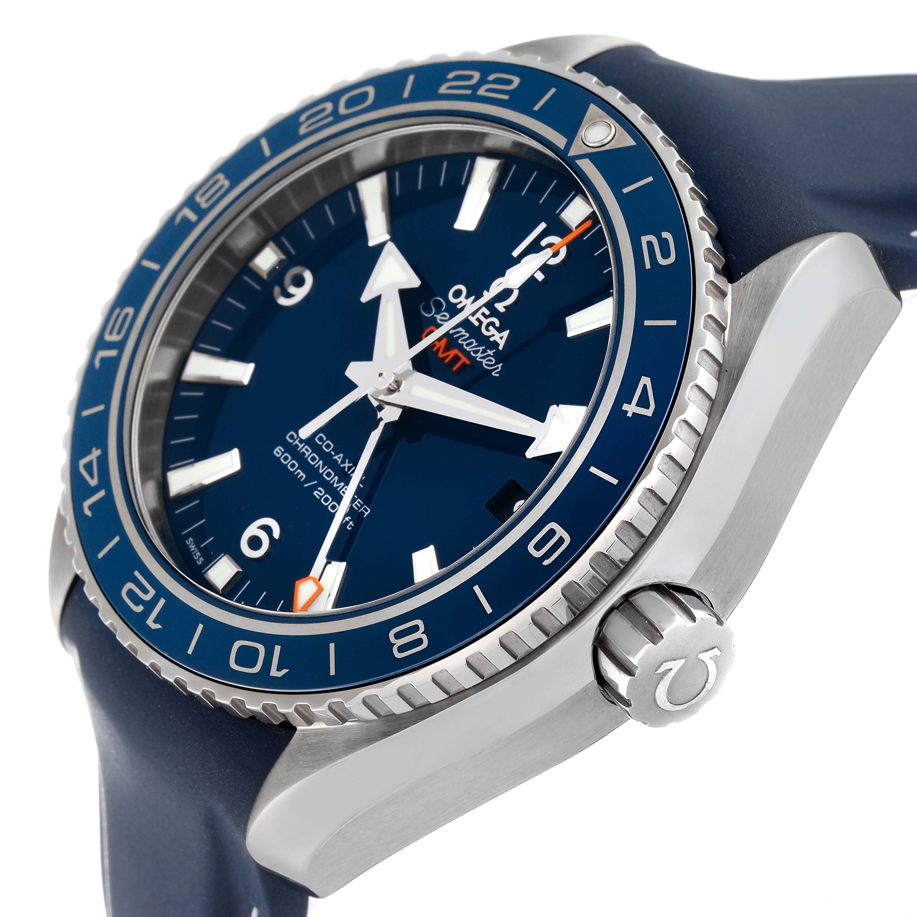 The image shows an angled view of the Omega Planet Ocean 232.92.44.22.03.001 Men's Titanium Blue Dial 232.92.44.22.03.001 Men's Titanium Blue Dial watch focusing on the dial, bezel, and crown.