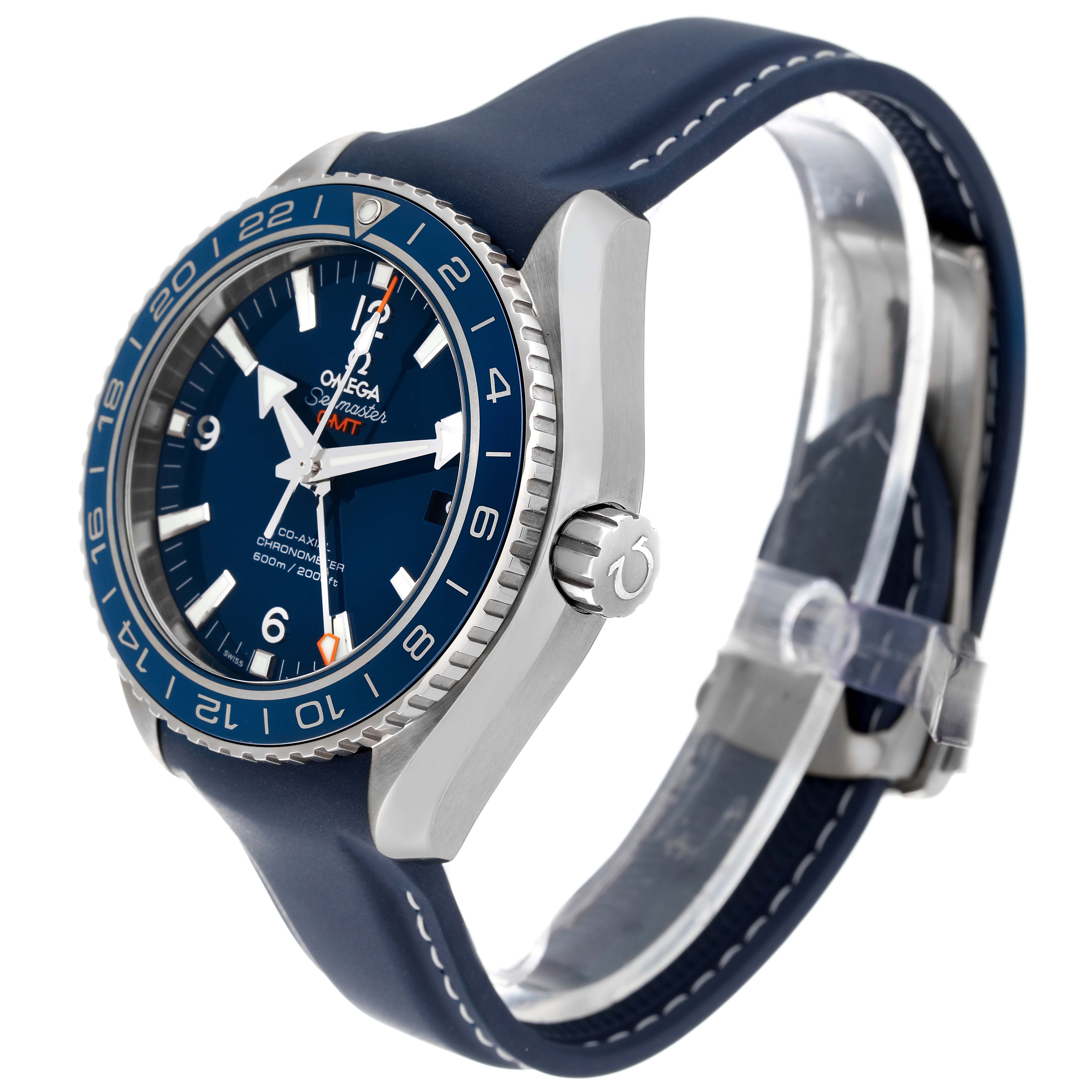 The image shows an angled side view of an Omega Planet Ocean 232.92.44.22.03.001 Men's Titanium Blue Dial 232.92.44.22.03.001 Men's Titanium Blue Dial watch, displaying the case, dial, bezel, crown, and strap.