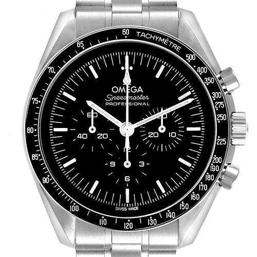 The Omega Speedmaster 310.30.42.50.01.001 Men's Stainless Steel Black Dial 310.30.42.50.01.001 Men's Stainless Steel Black Dial watch is shown from the front, displaying its dial, tachymeter bezel, and metal bracelet.