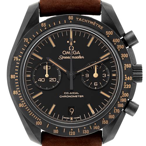 This image shows a front view of the Omega Speedmaster 311.92.44.51.01.006 Men's Ceramic Black Dial 311.92.44.51.01.006 Men's Ceramic Black Dial watch, highlighting its dial, sub-dials, and tachymeter bezel.