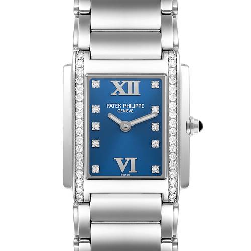 The Patek Philippe Twenty-4 4910/10A-012 Women's Stainless Steel Blue Dial 4910/10A-012 Women's Stainless Steel Blue Dial watch is shown from the front, featuring the blue dial, diamond hour markers, and a metal bracelet.
