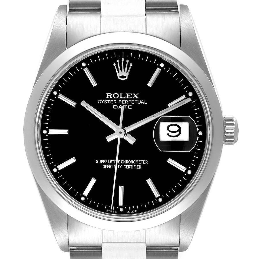 This Rolex Date 15200 Men's Stainless Steel Black Dial 15200 Men's Stainless Steel Black Dial model watch is shown from a frontal angle, highlighting its black dial, date window, and stainless steel bracelet.
