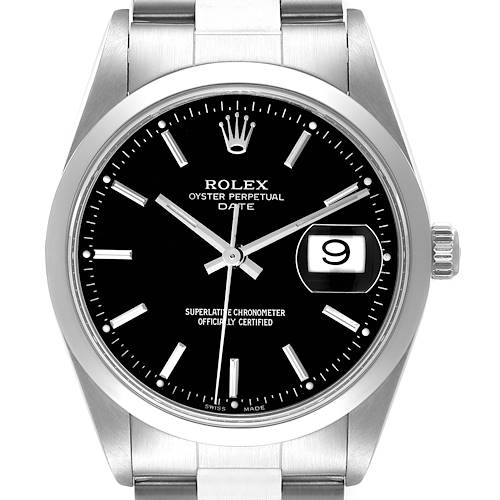 The image shows a frontal view of the Rolex Date 15200 Men's Stainless Steel Black Dial 15200 Men's Stainless Steel Black Dial model watch, showcasing its dial, bezel, crown, and part of the bracelet.