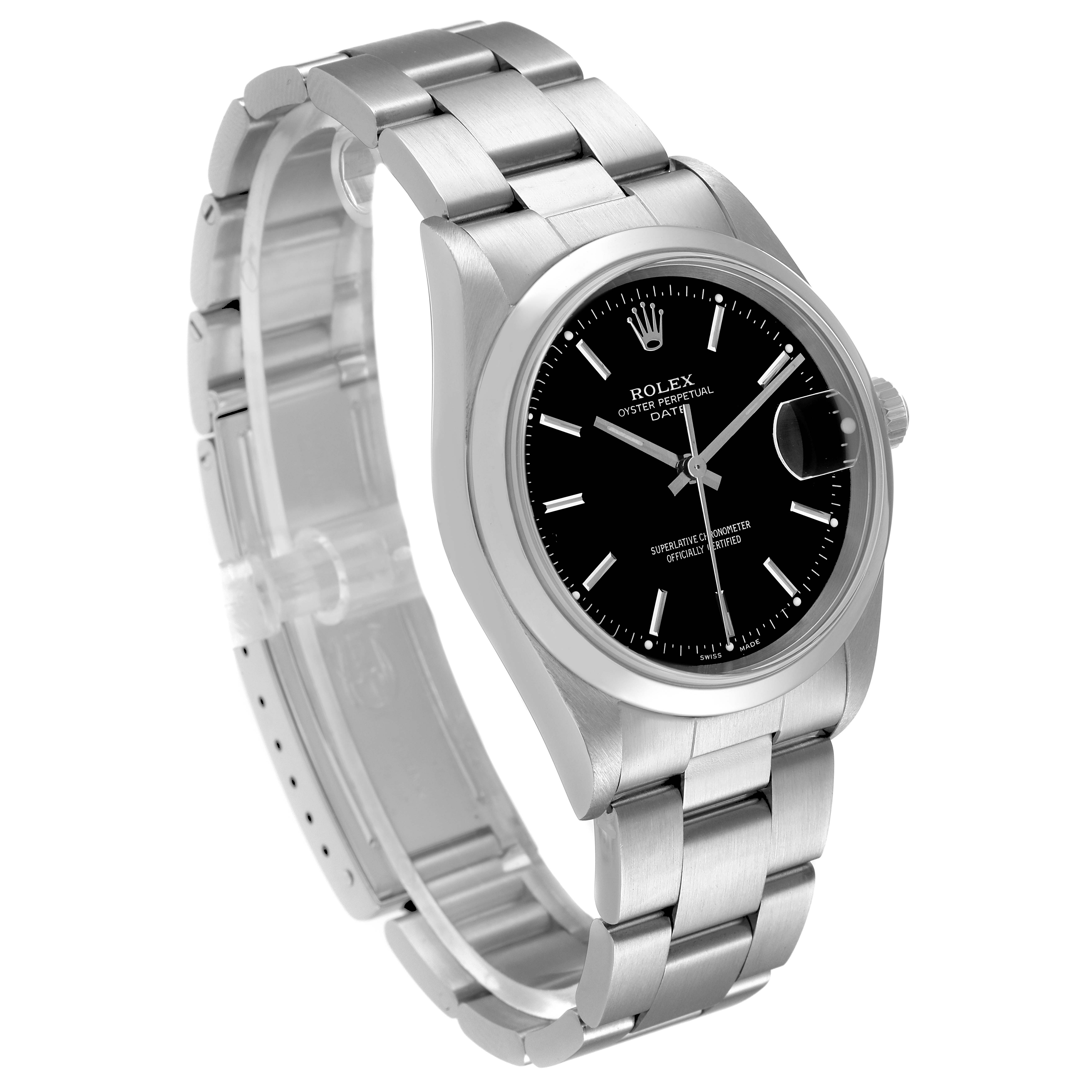 The image shows a Rolex Date 15200 Men's Stainless Steel Black Dial 15200 Men's Stainless Steel Black Dial model watch from a front angle, highlighting the bracelet, black dial, and case.